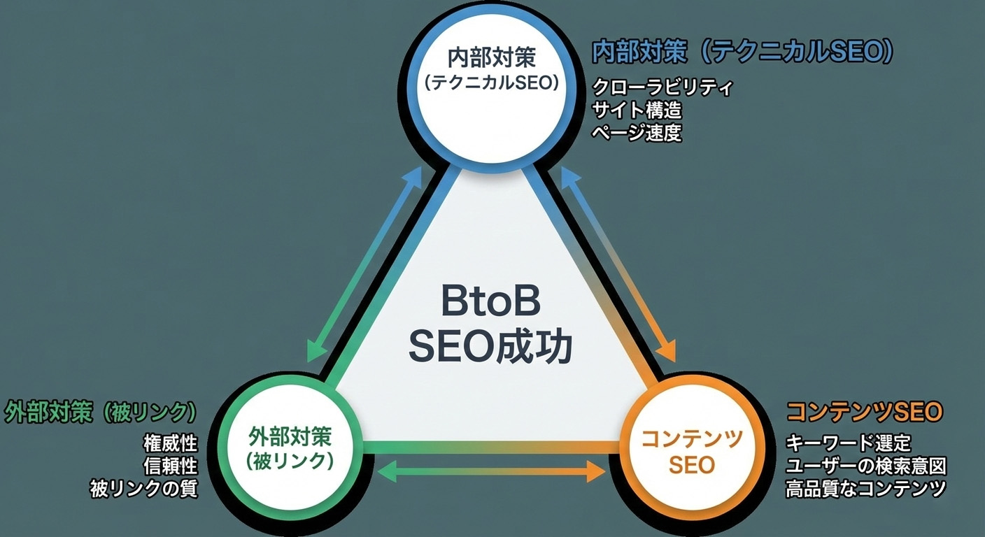SEO対策の3つの柱（内部対策、外部対策、コンテンツSEO）を示す三角形